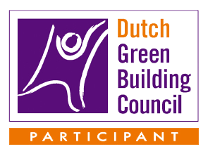 Dutch Green Building Council logo featuring a stylized white figure on a purple background, with the text 'Dutch Green Building Council' in orange and purple, and an orange bar below labeled 'Participant'.