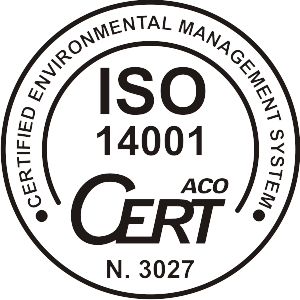 Black and white circular certified stamp for ISO 14001 environmental management system certification by ACO CERT, number 3027.