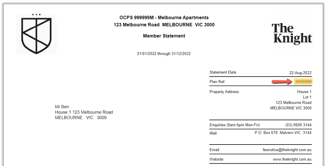 A fee notice from The Knight with the property's Plan Number highlighted