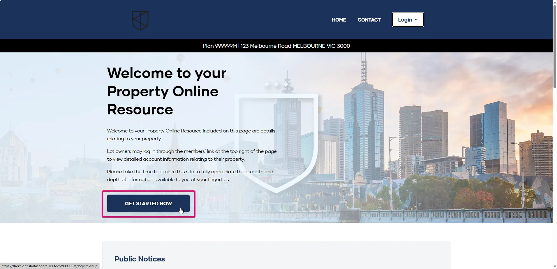 The My Property landing page with the 'Get Started Now' button highlighted