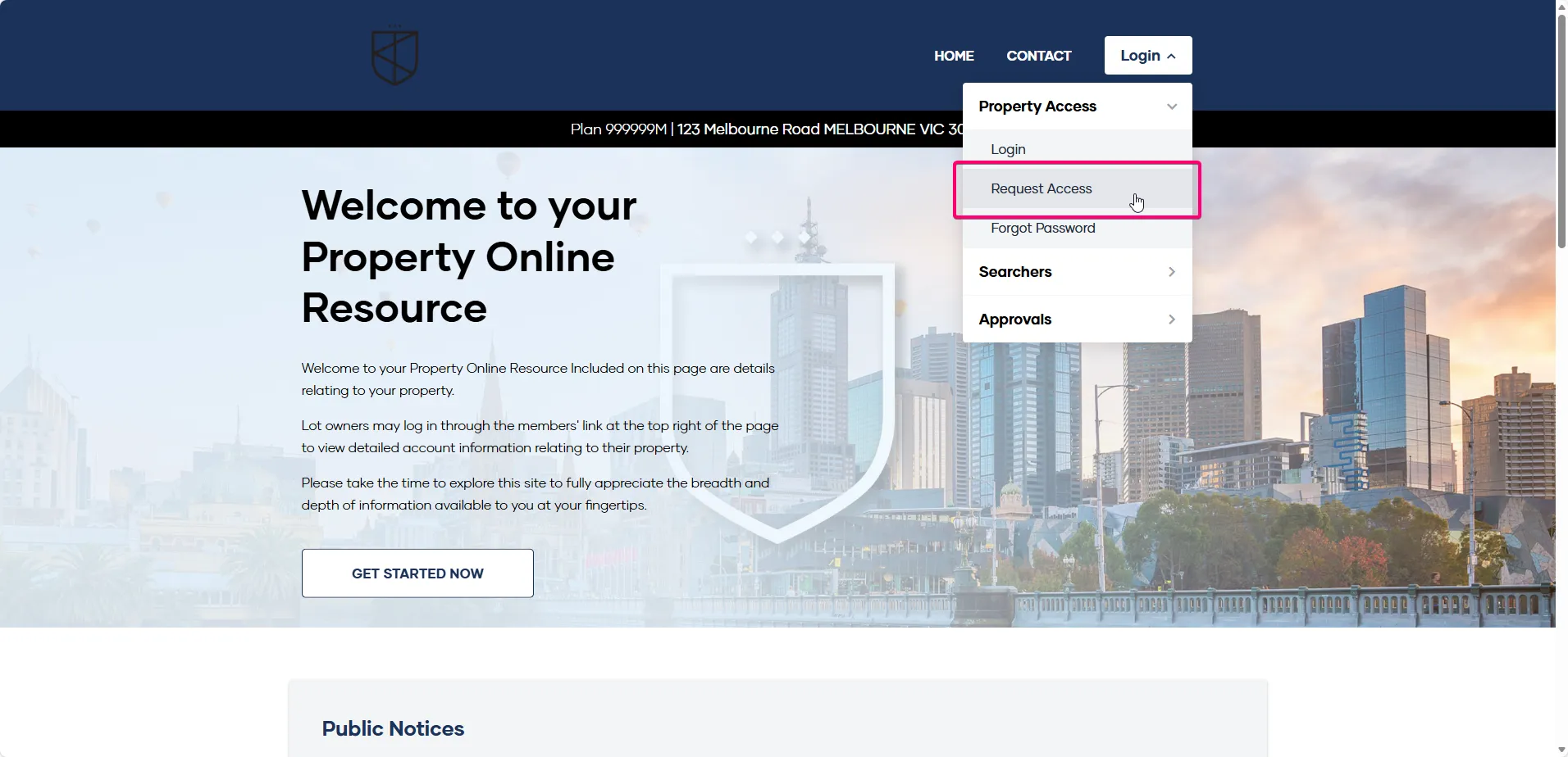 The My Property landing page with the Login menu open, showing 'Property Access' and 'Request Access'