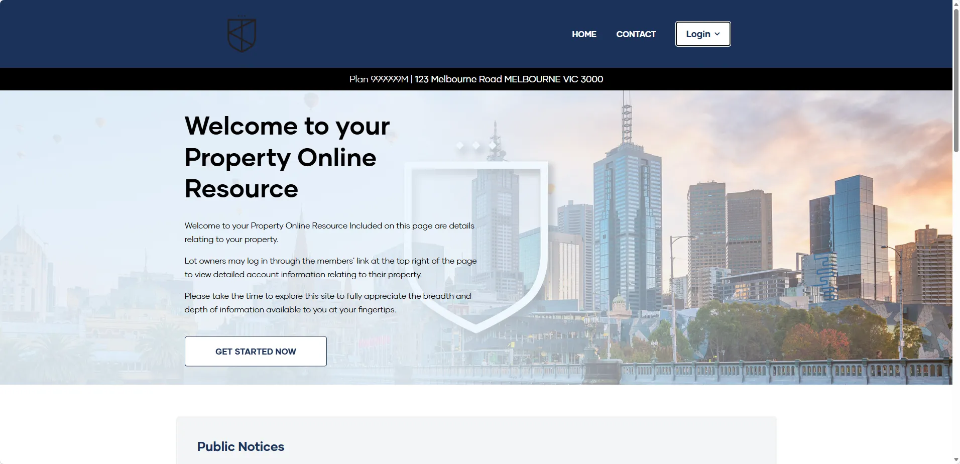 The My Property landing page for an Owners Corporation, showing public notices and building information