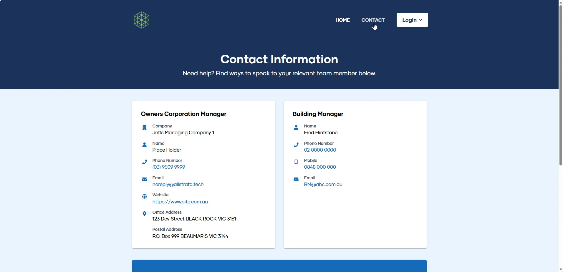 The contact section of the My Property landing page, with details for the Owners Corporation Manager and Building Manager
