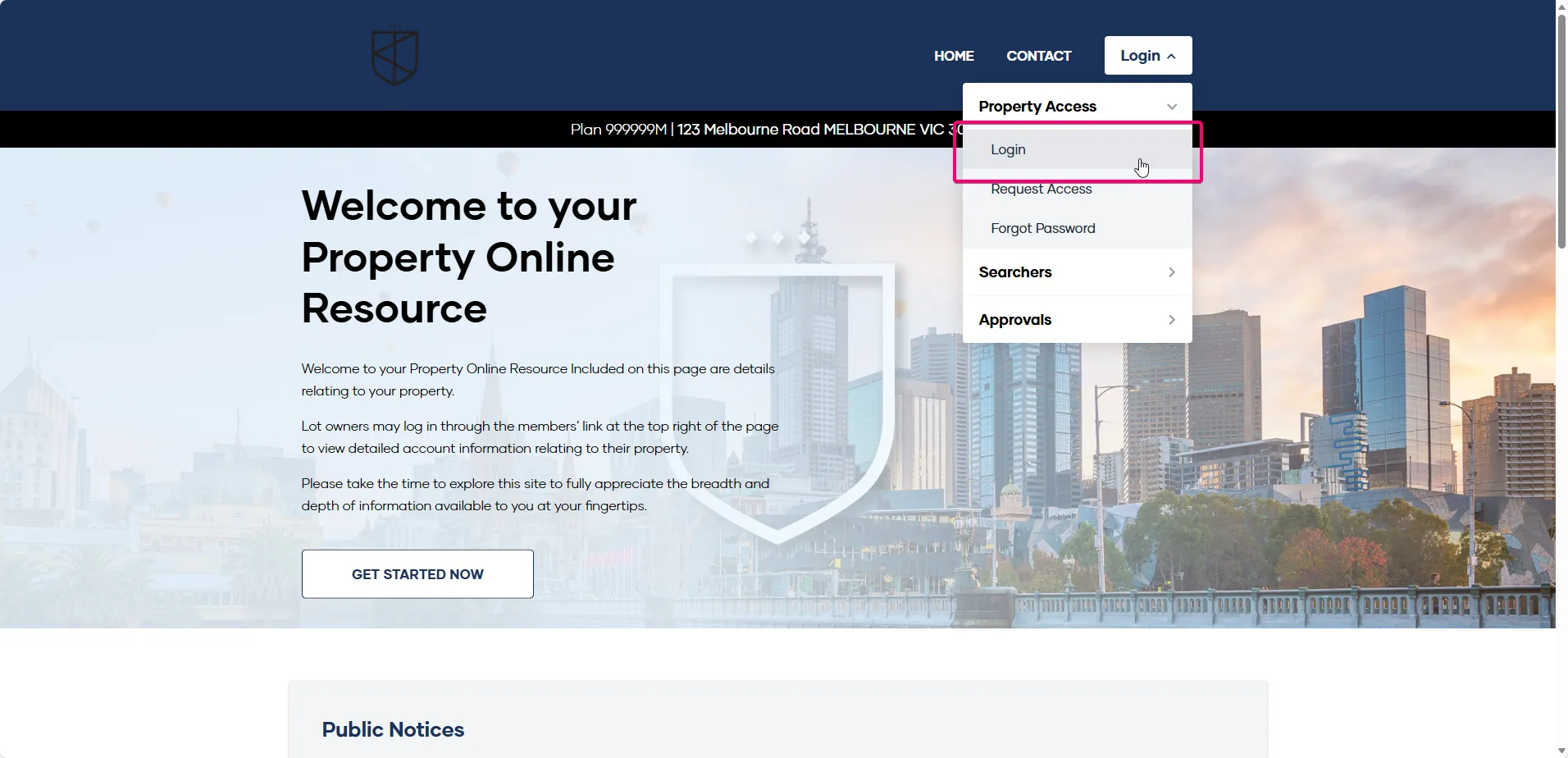 The My Property log in screen, reached from the 'Log In' link in the top right corner