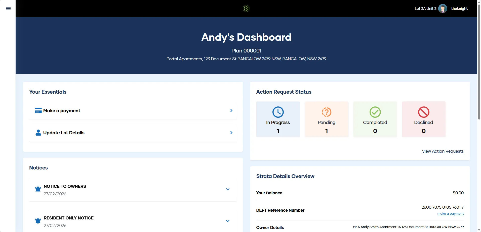 The My Property portal as a logged-in Lot Owner, showing the owner dashboard