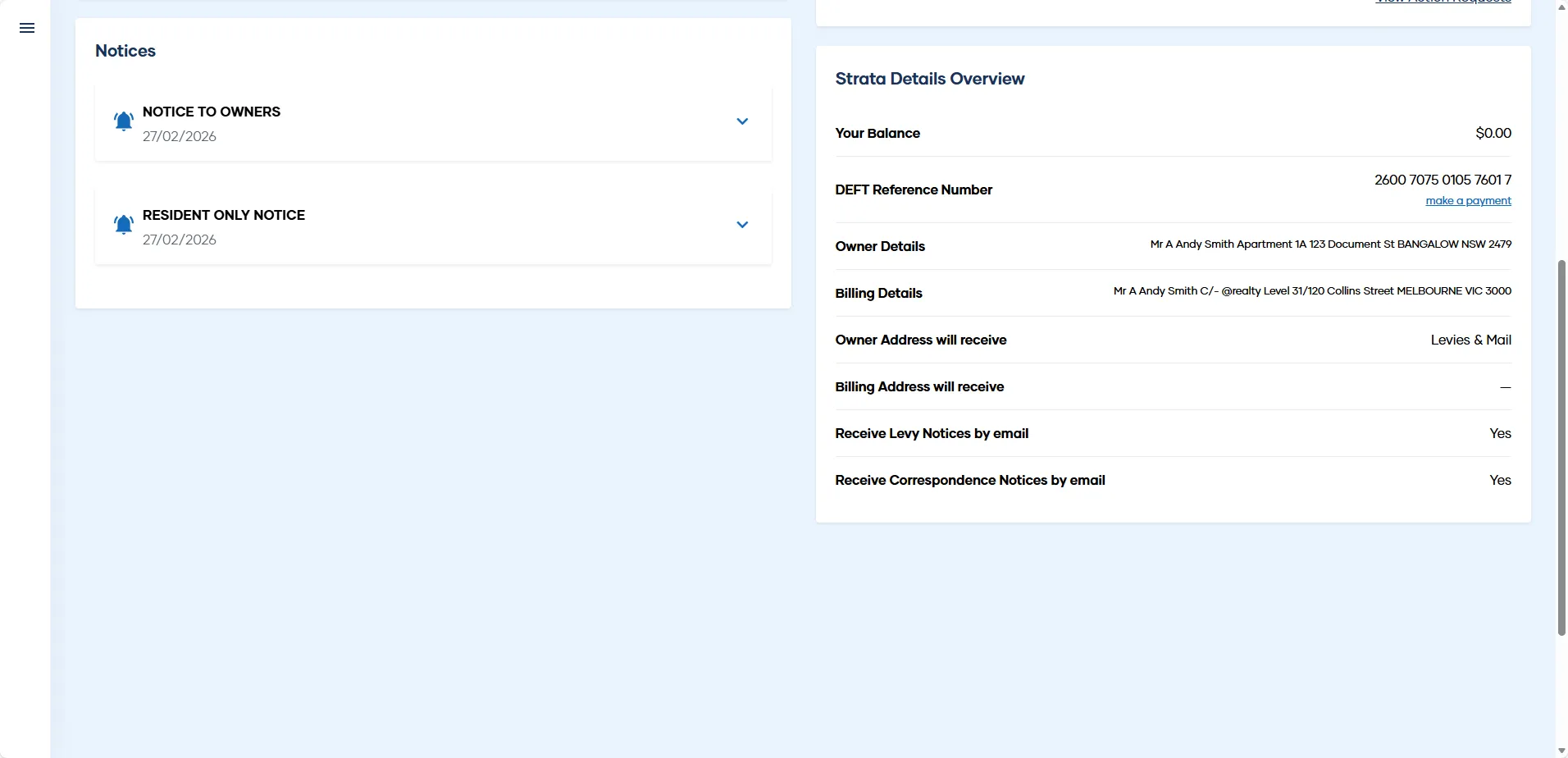 The Lot Owner view of the My Property portal with the main navigation open