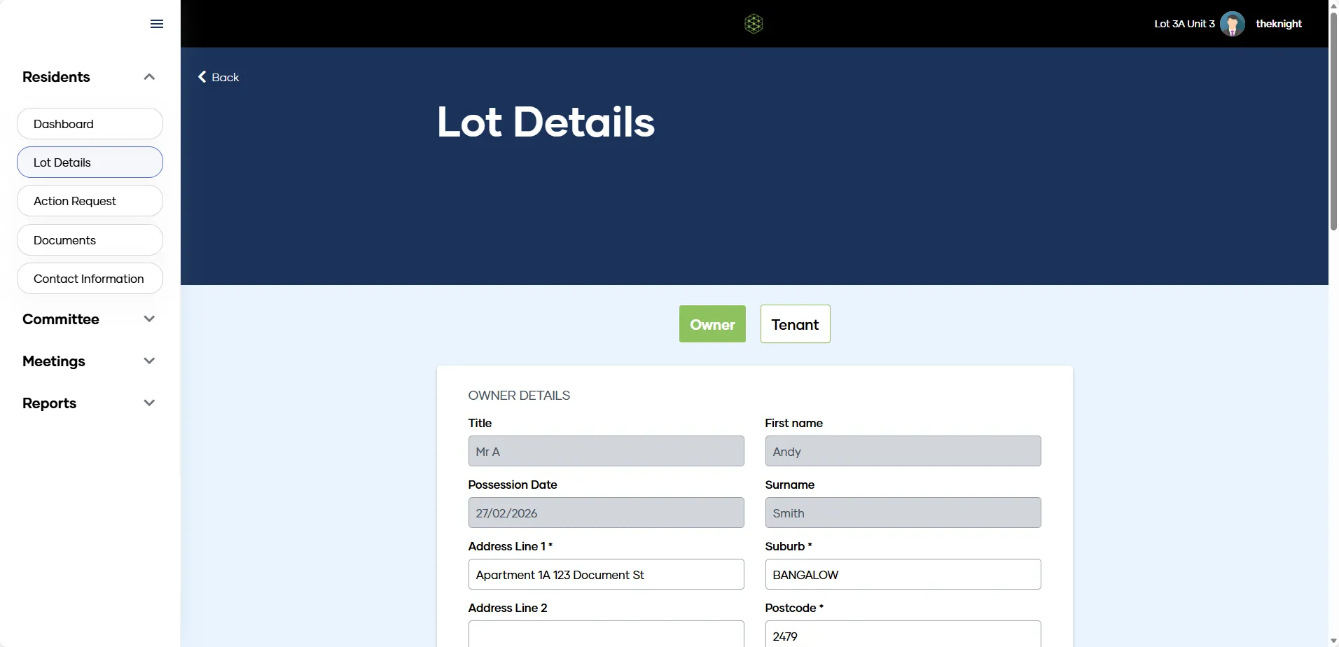 The My Property profile page where a Lot Owner updates their contact details