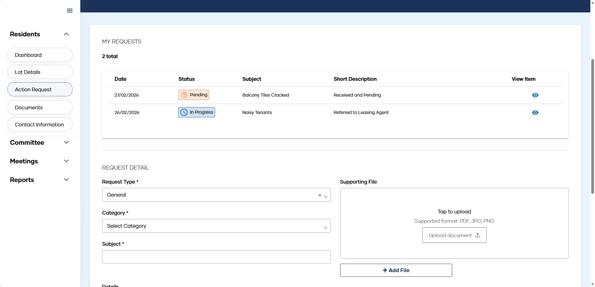 The Requests screen in My Property, where a Lot Owner raises a request