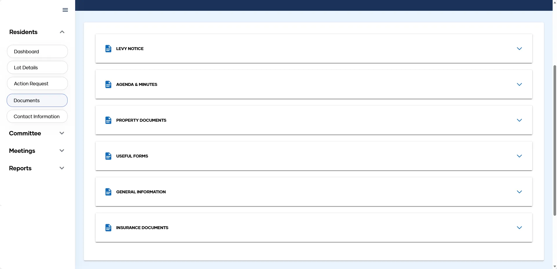 The Documents screen in My Property, listing levy notices and meeting minutes
