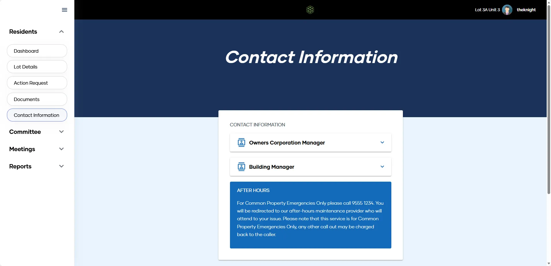 The Contact screen in My Property, showing Owners Corporation contact details