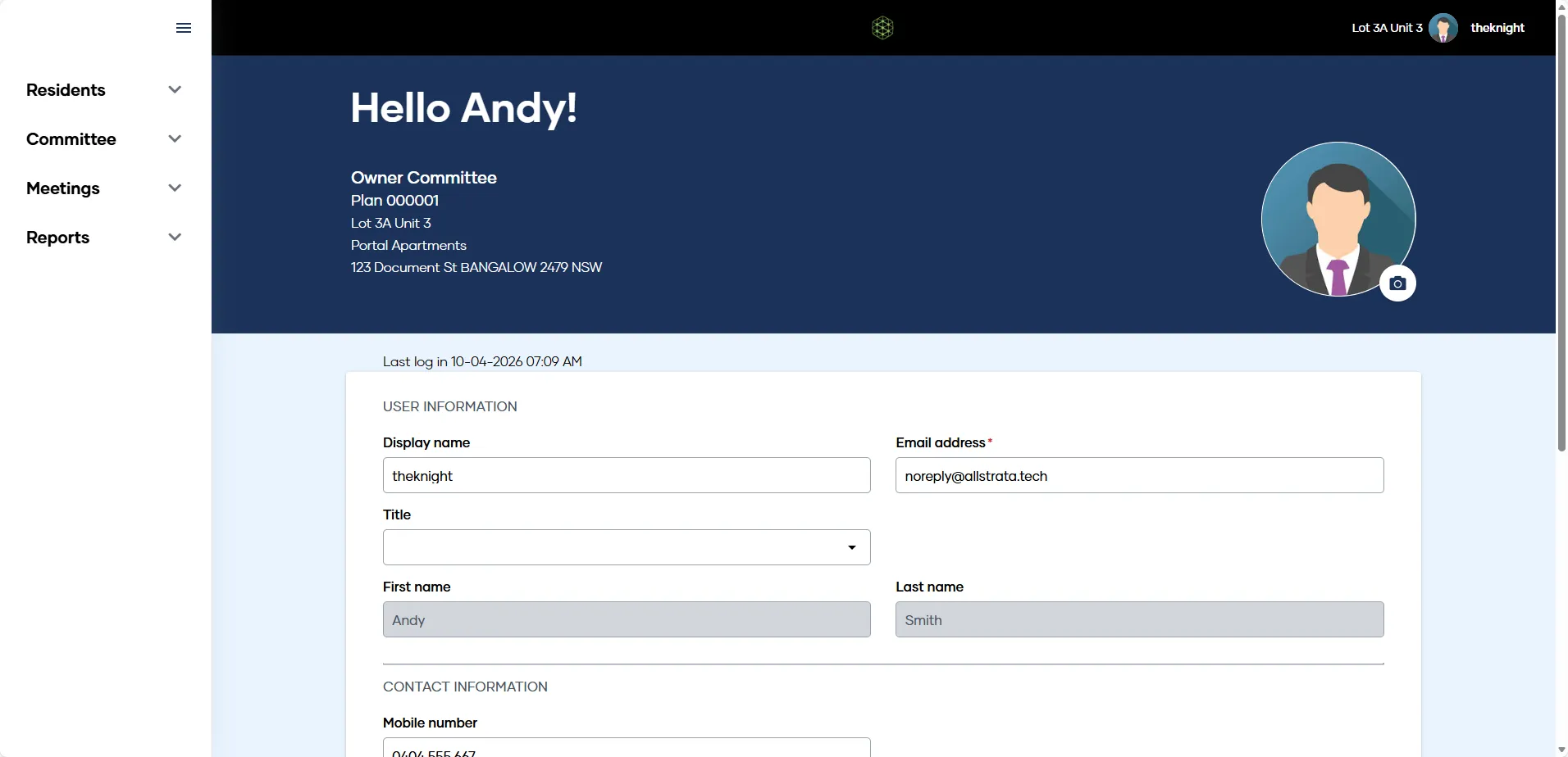 The account details screen in My Property, showing a Lot Owner's fee statement