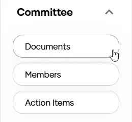 The 'Committee' menu in the My Property navigation, listing Documents, Committee Members and Action Items