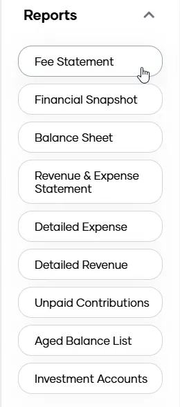 The 'Reports' menu in My Property, listing the Financial Snapshot, Balance Sheet and Revenue and Expense reports