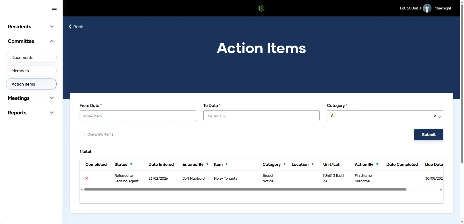 The Committee Action Items screen in My Property
