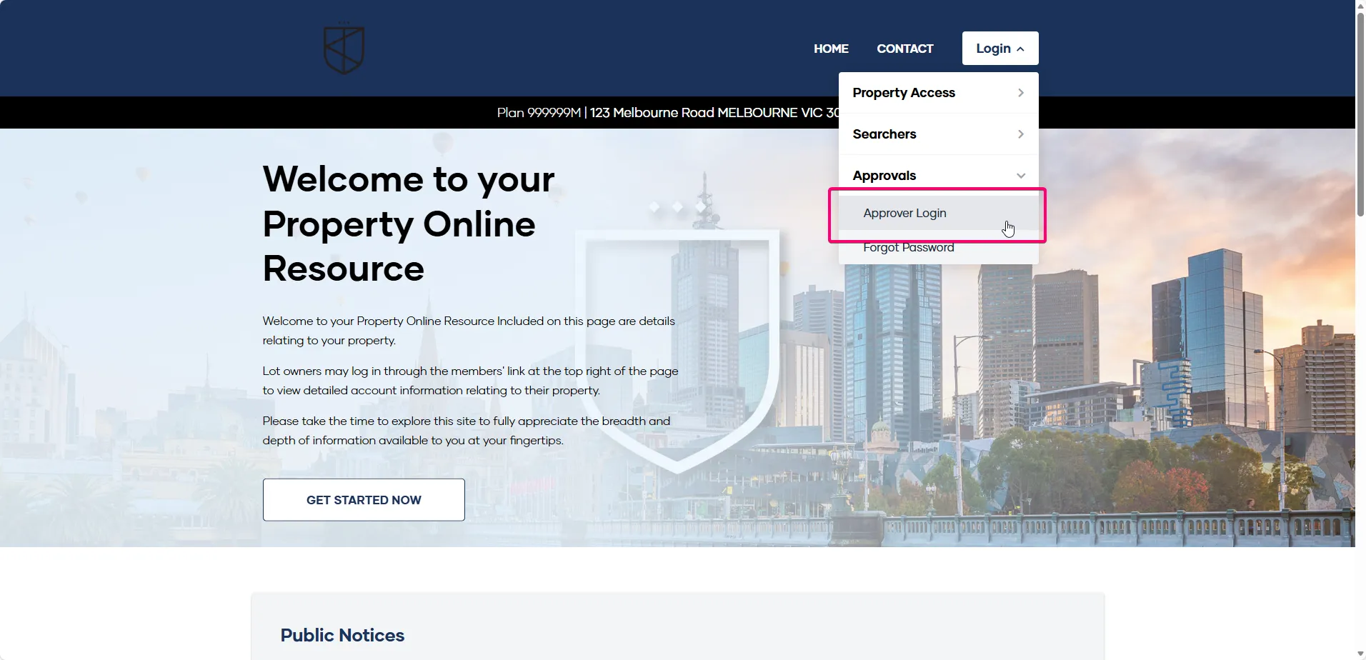 The Approver Login screen, reached from 'Login' then 'Approvals' on the landing page