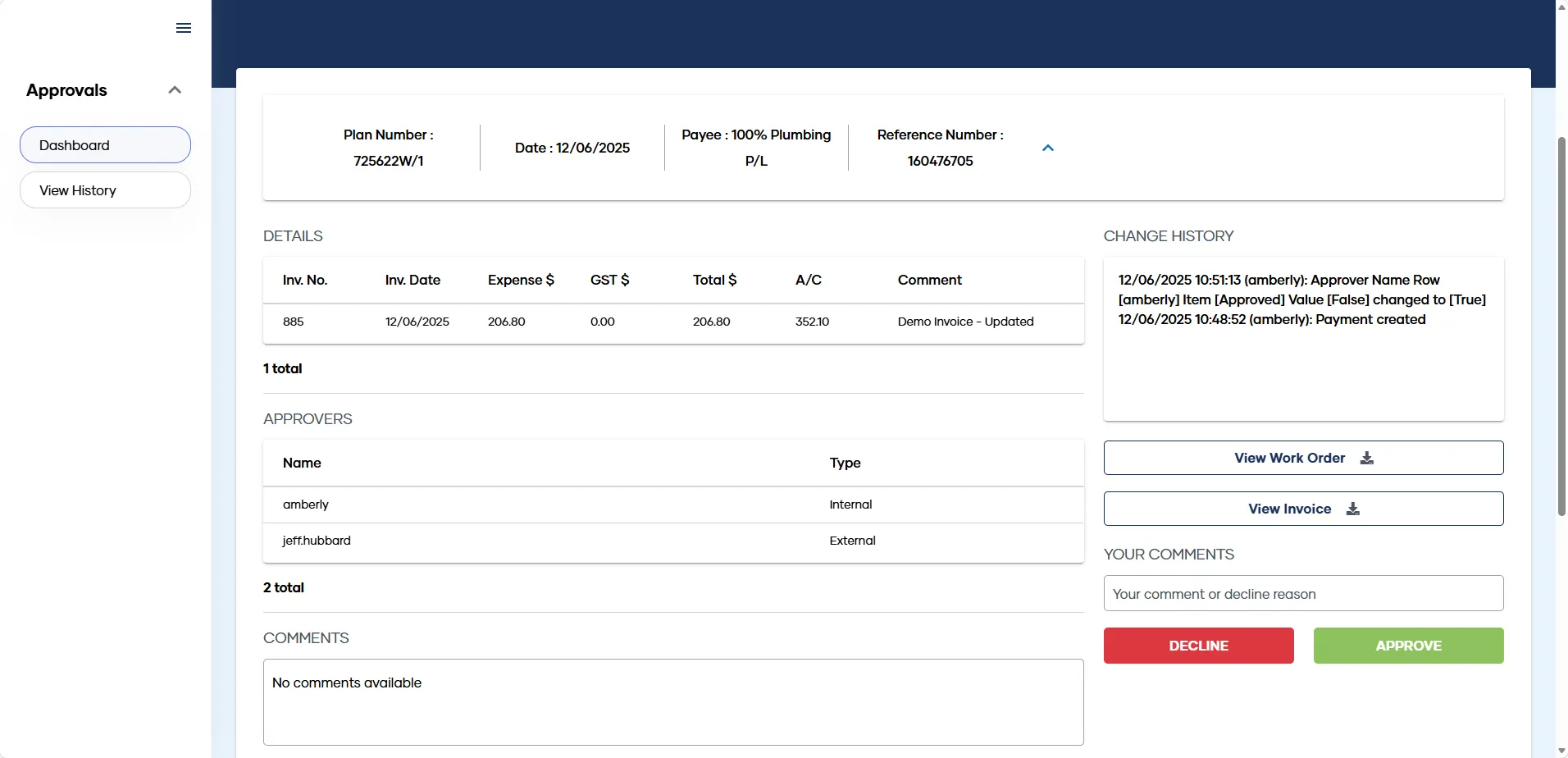 The External Approver landing page in My Property, listing invoices awaiting approval