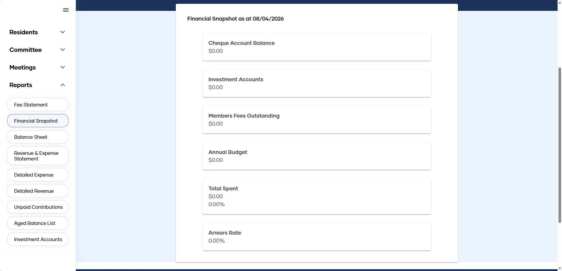 The Financial Snapshot report in My Property, as a Committee Member sees it