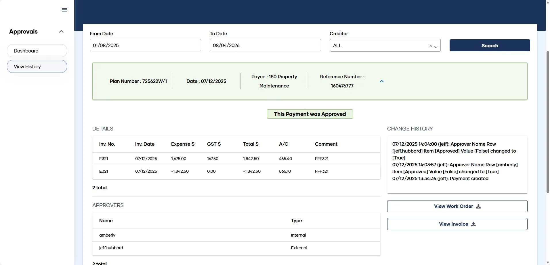 The Approval History search screen in My Property, with From Date, To Date and Creditor fields