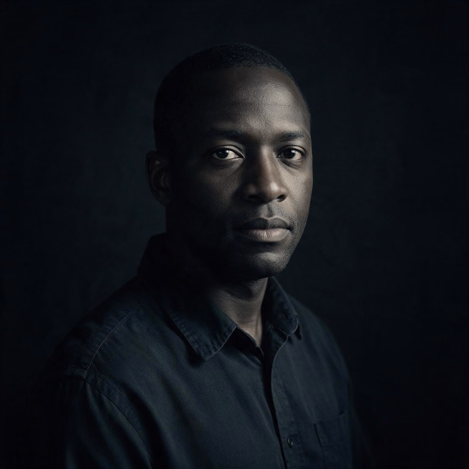 Pensive black man wearing a dark shirt against a dark background, looking directly at the camera.