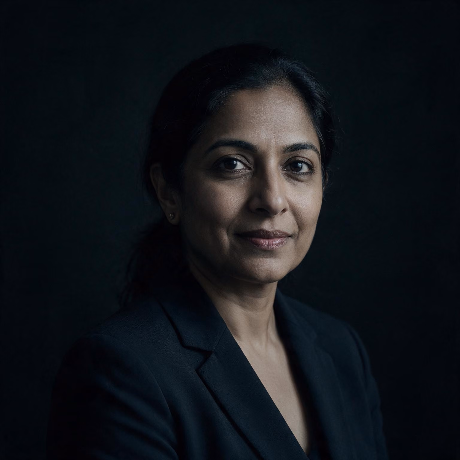 Confident woman with dark hair in a black blazer against a dark background.