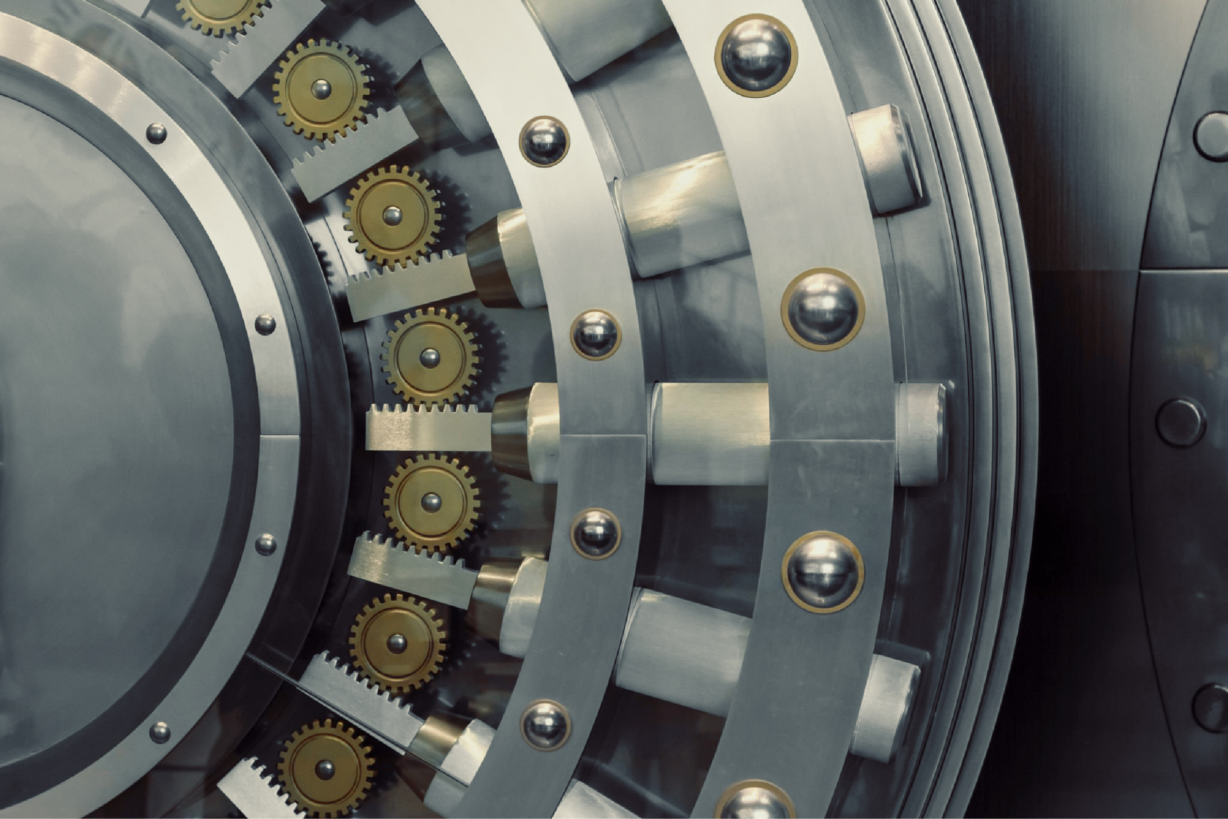 Locking bolts around the face of a vault door.