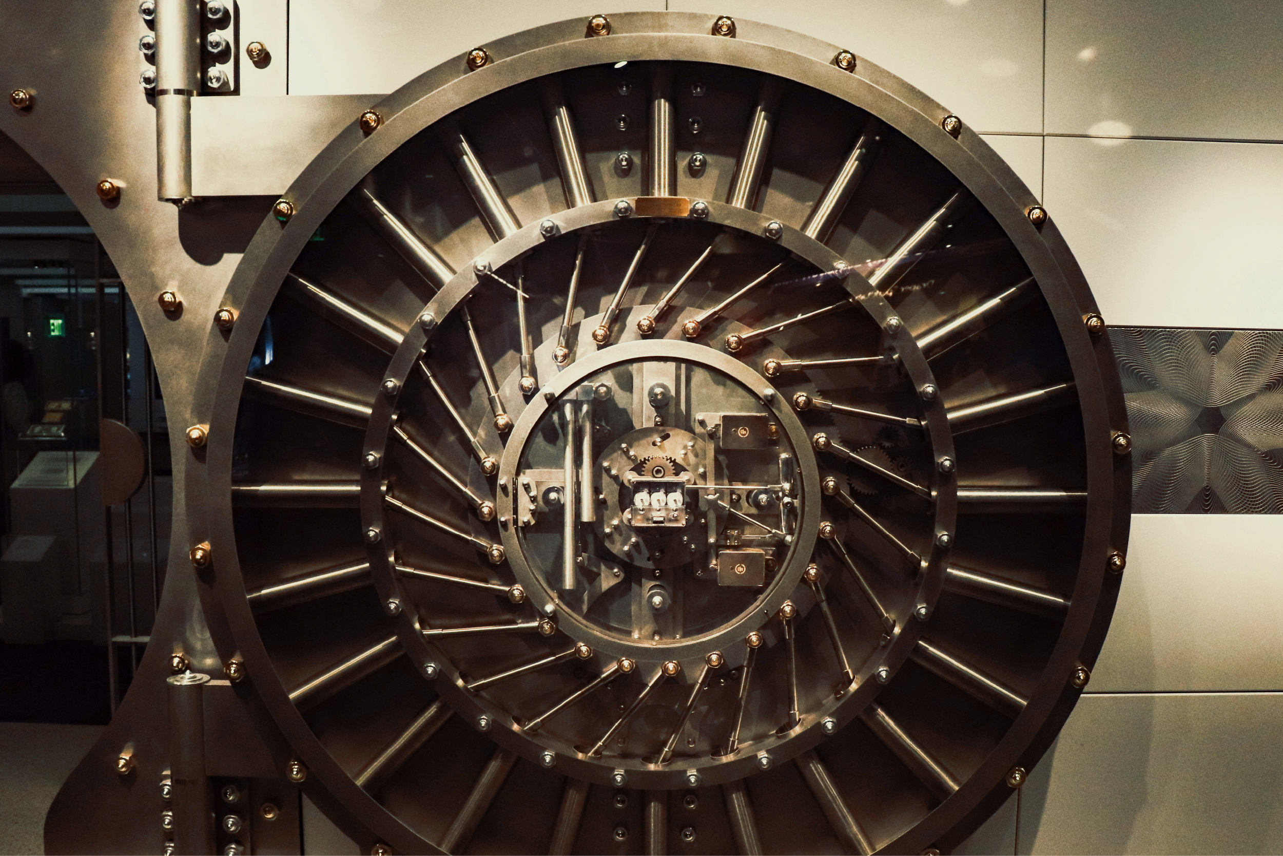 Spiral locking mechanism inside a vault door.