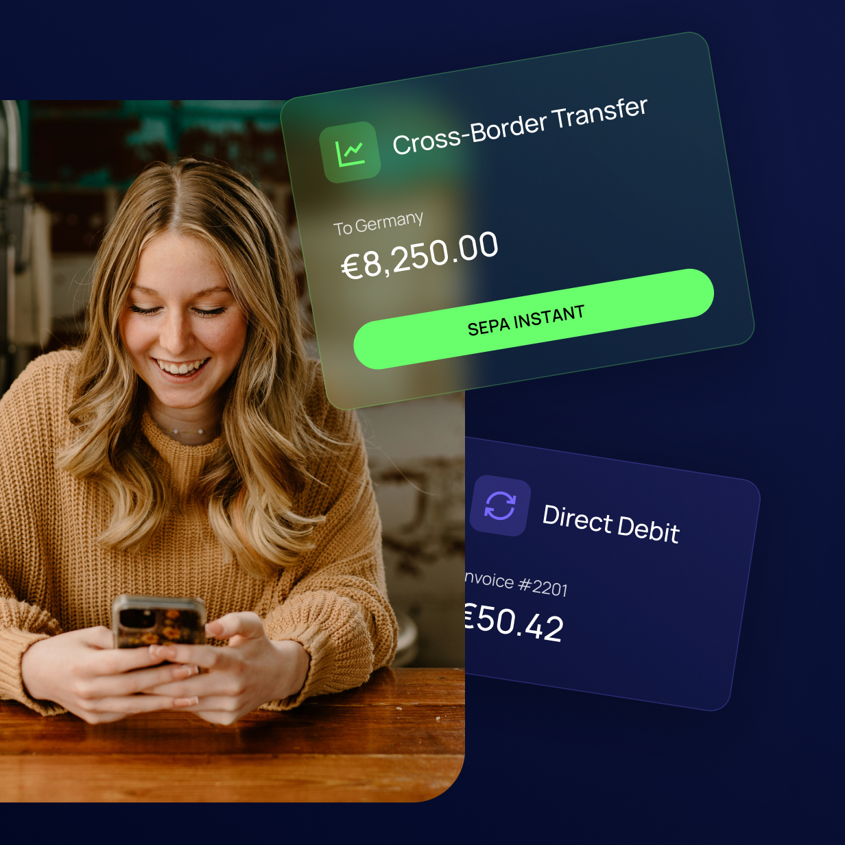 Illustration of Payment Services capabilities: cross-border transfers, direct debits, fee transparency, and payment lifecycle tracking