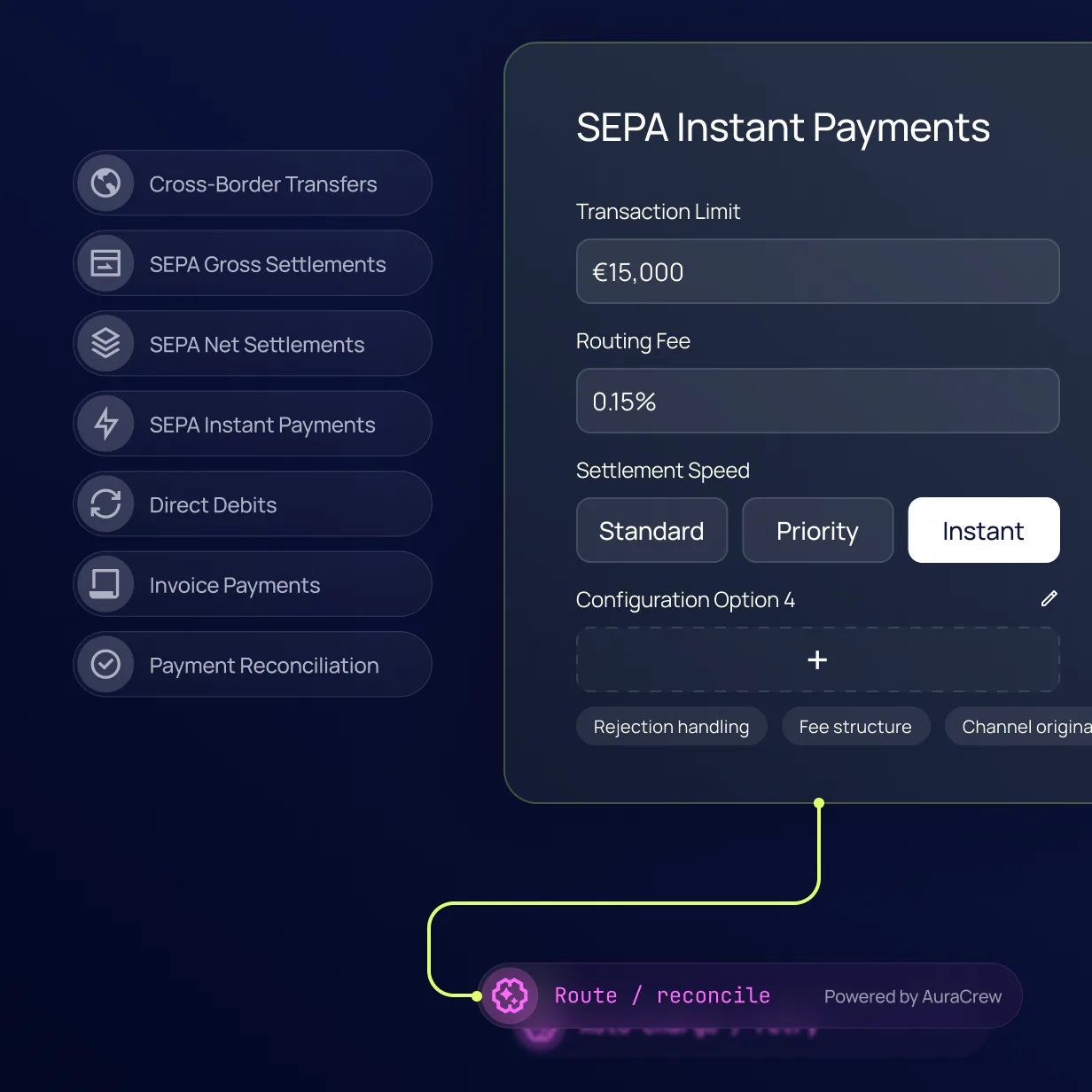 Aura Payment Services configuration screen showing SEPA Instant Payments settings, transaction limit, routing fee, and AuraCrew-powered routing