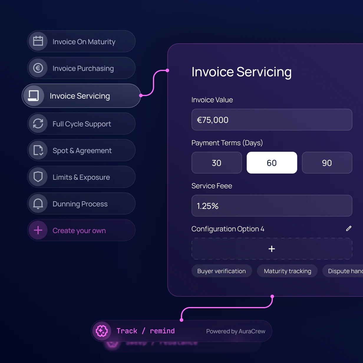 Aura Factoring configuration screen showing Invoice Servicing settings, payment terms, and AuraCrew-powered tracking and reminders