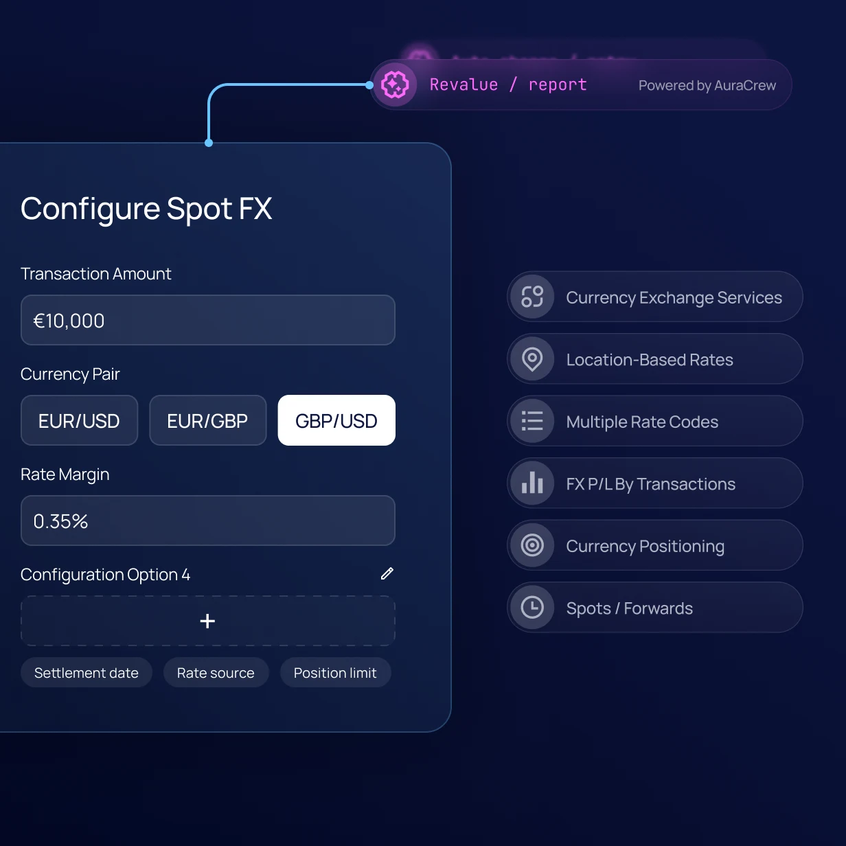 Aura Forex Services configuration screen showing Spot FX settings, currency pairs, and AuraCrew-powered revaluation and reporting