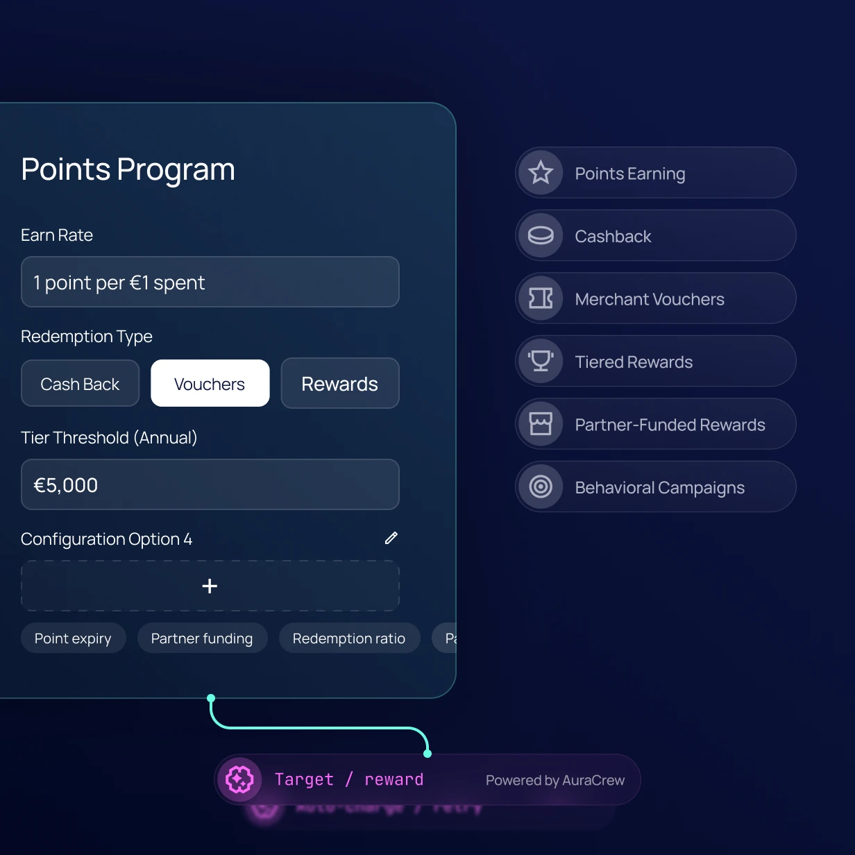 Aura Loyalty & Rewards configuration screen showing Points Program settings, redemption type, and AuraCrew-powered targeting and rewards