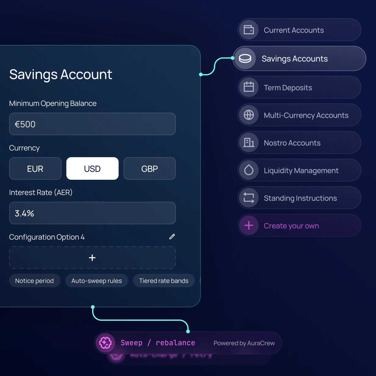 Aura Accounts configuration screen showing Savings Account settings, currency options, and AuraCrew-powered sweep and rebalance