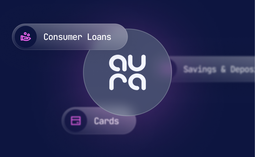 Aura logo with Consumer Loans, Cards, and Savings & Deposits module labels