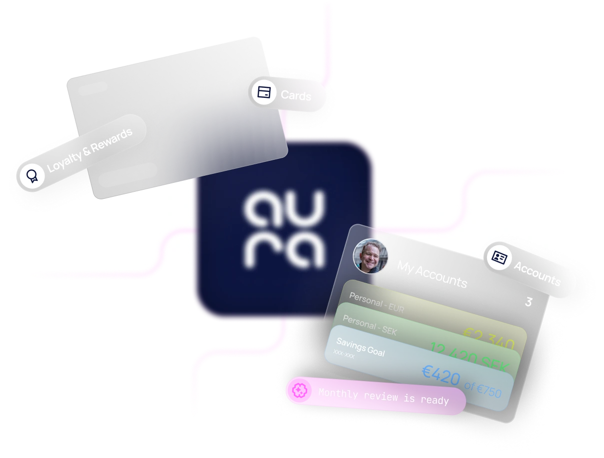 Floating card and account balance graphic representing the Aura platform