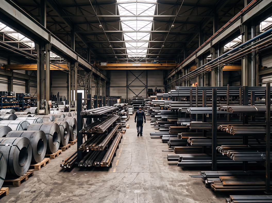 Metal coils and bars stored in a warehouse