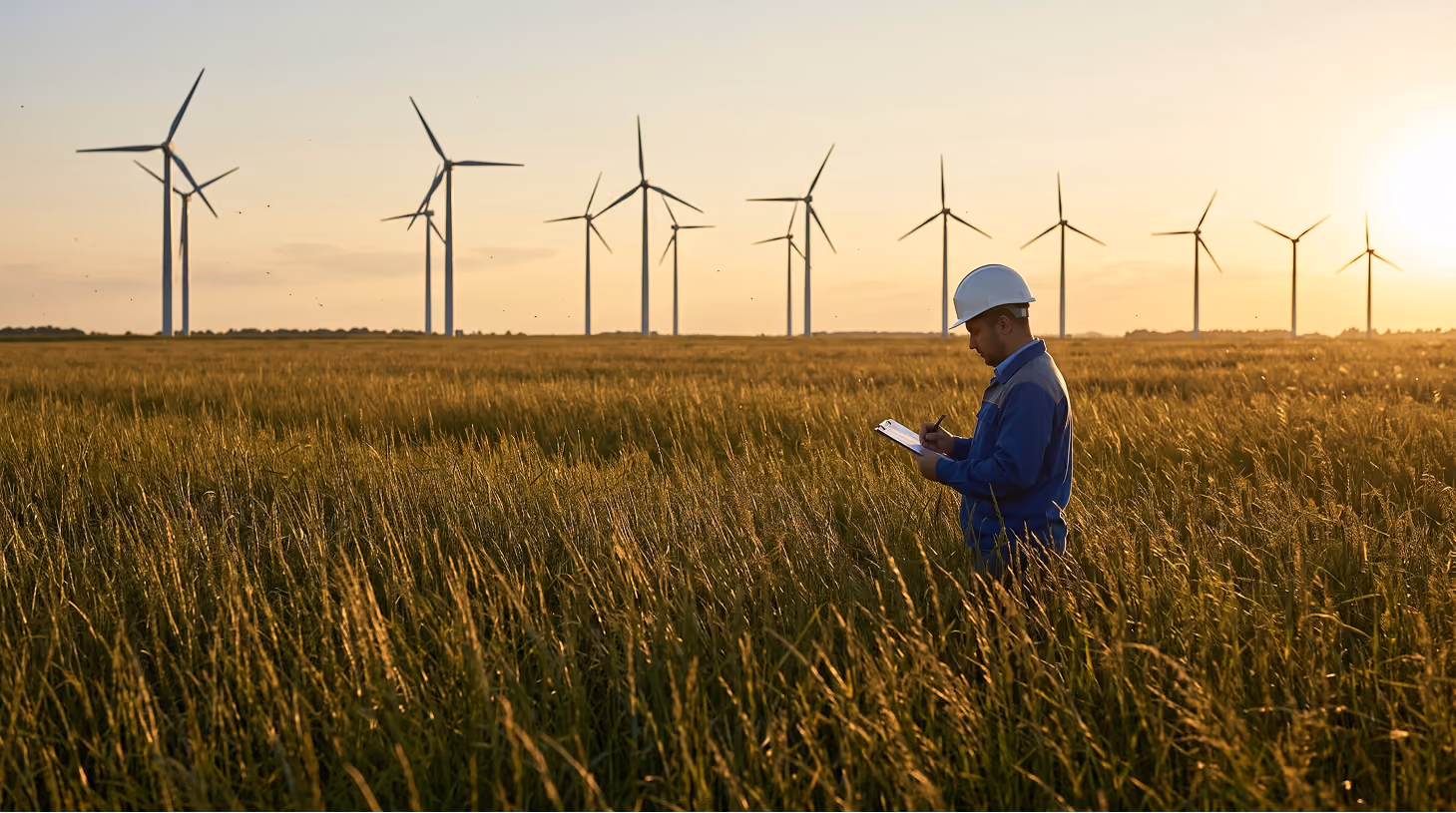 Engineer with a tablet in a field with wind turbines