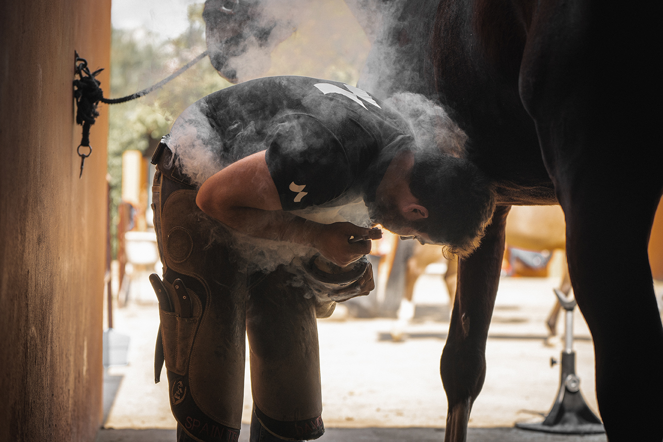 Farrier working with a horse during an Ingredients Media shoot for Mustad Hoofcare