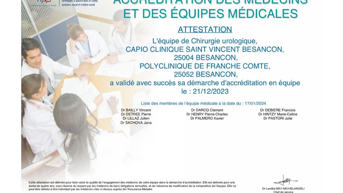 Attestation d'accréditation HAS de l'équipe UROLIB