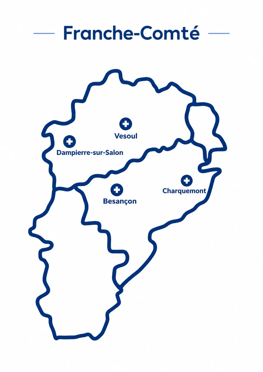 Carte de la Franche-Comté : Besançon, Vesoul, Charquemont et Dampierre-sur-Salon