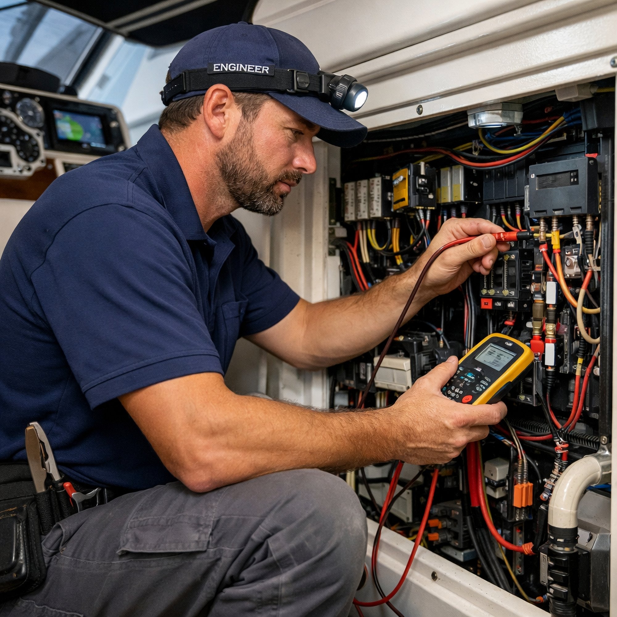 Marine electrical engineer working on a vessel’s electrical systems