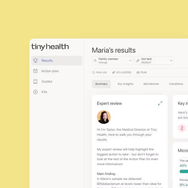 A screenshot of the Tiny Health web application showing the gut test results