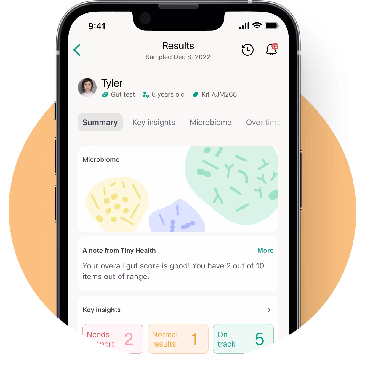 A cell phone showing a summary ofTyler's test results.
