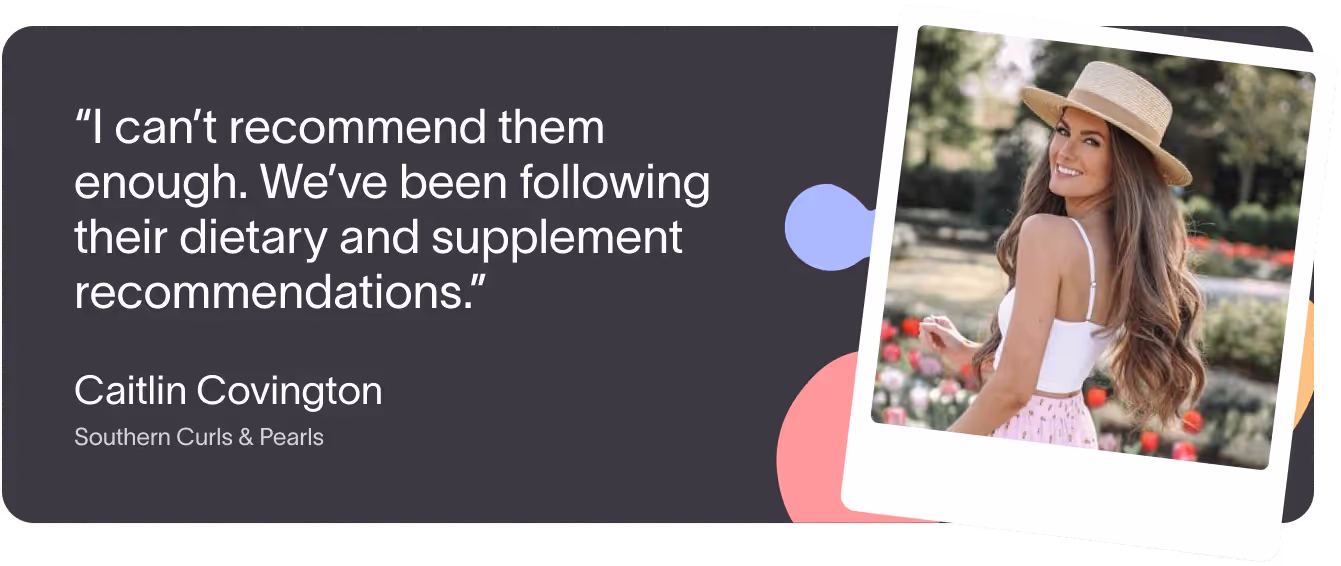 Graphic with a quote from Caitlin Covington recommending Tiny Health's dietary and supplement advice, featuring her photo in a garden