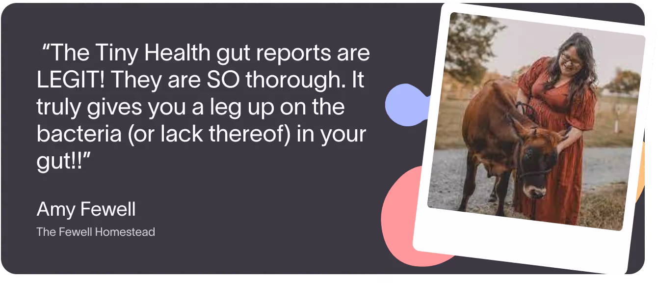 Graphic with a quote from Amy Fewell of The Fewell Homestead praising Tiny Health's detailed gut reports, featuring her photo with a cow