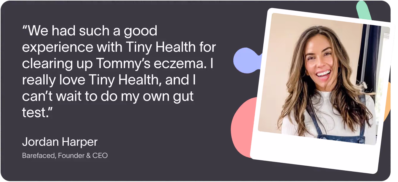 Graphic with a quote from Jordan Harper, praising Tiny Health for treating her child's eczema, alongside her smiling photo