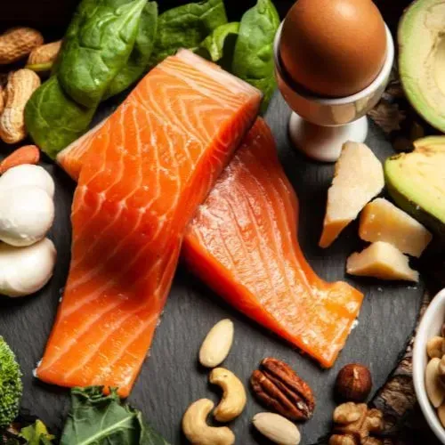 Picture with keto-friendly foods, including raw salmon fillets, eggs, avocado, nuts, spinach, and cheese