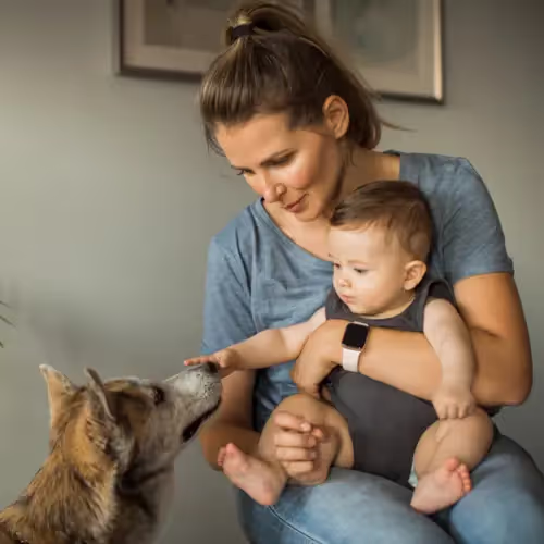Mother holding her baby while they both interact with a dog