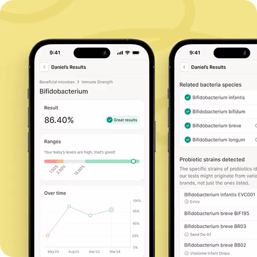 Close-up view of two smartphone screens displaying results from Tiny Health's app