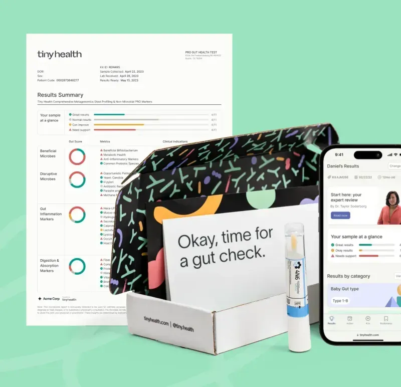 A Tiny Health Gut Health Test showing a gut health report on a phone app and printed PDF report