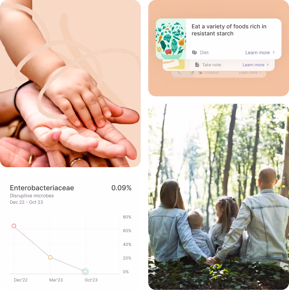 A collage of family images plus a gut health tracking chart and personalized dietary recommendations